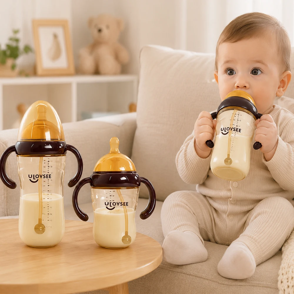 2026 Upgraded PPSU Baby Bottle with Handles Wide Neck Anti-Breastfeeding Nipple Gravity Ball Straw Cup 2 Nipples