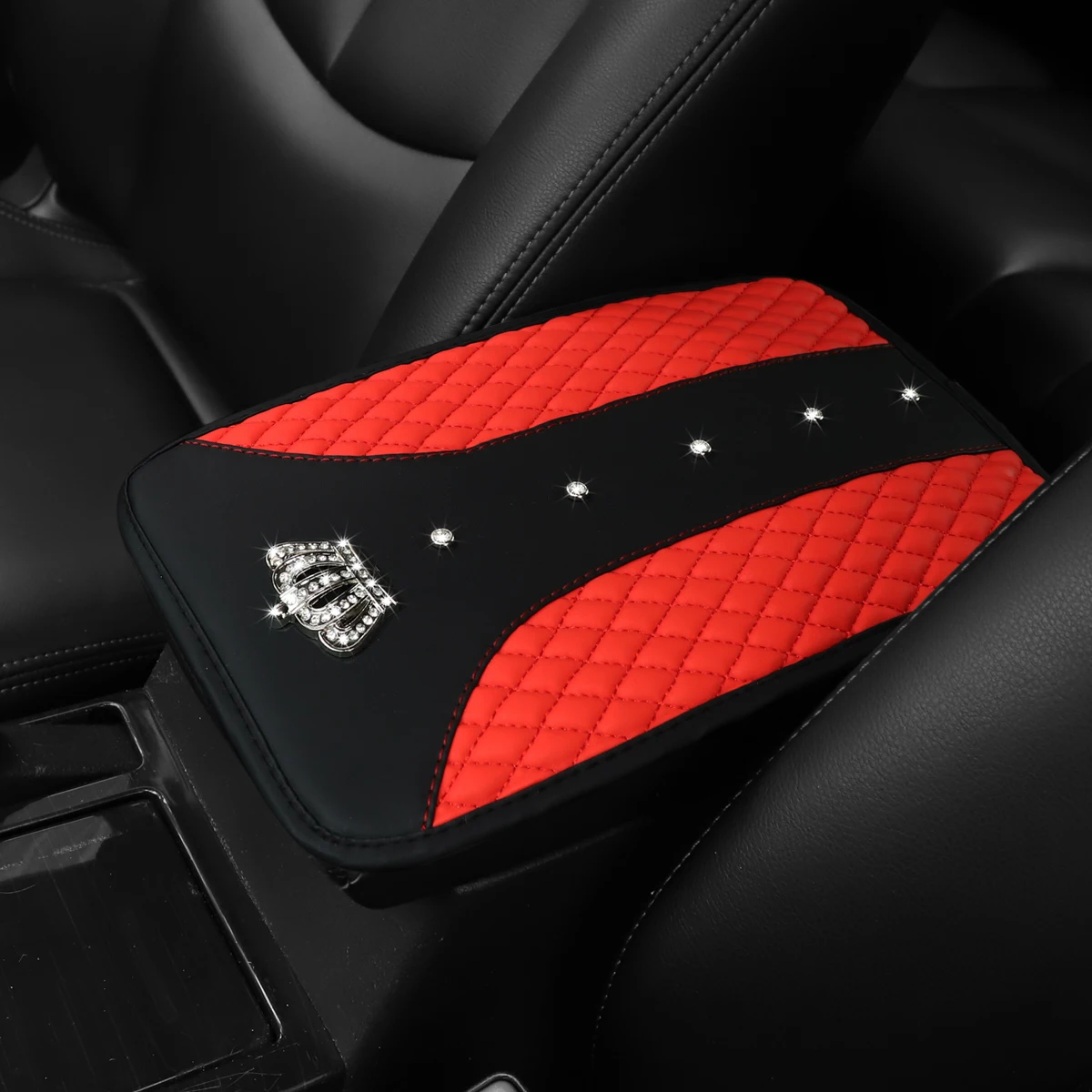 1 Car Armrest Pad with Artificial Diamond Blingbling Metal Crown Artificial Sheepskin Embroidered Waterproof Comfort Car Supplie