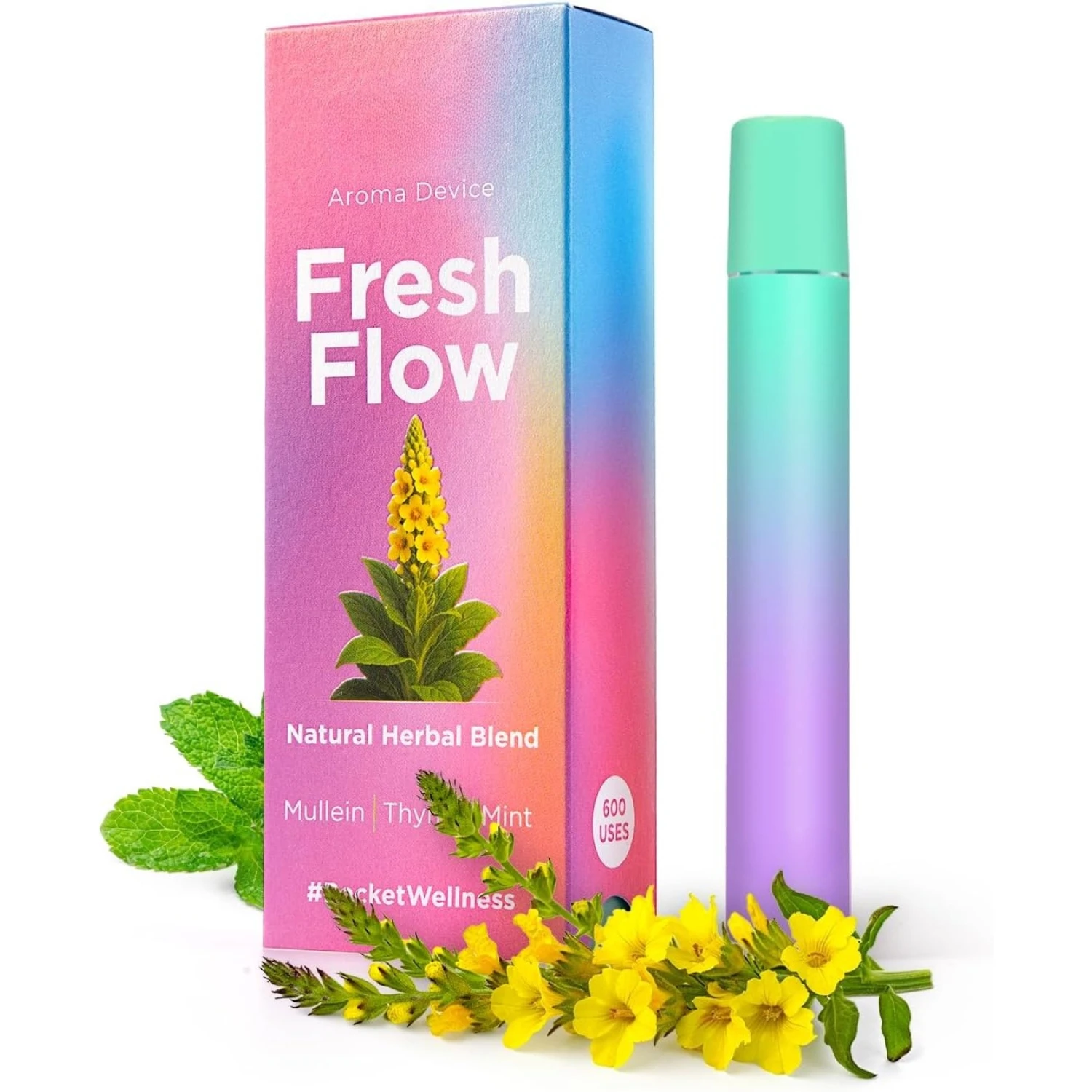 

Fresh Flow Herbal Aroma Diffuser 600Uses Natural Plant Based Pocket Stick with Mullein Thyme Mint Essential Oil Wellness Anytime