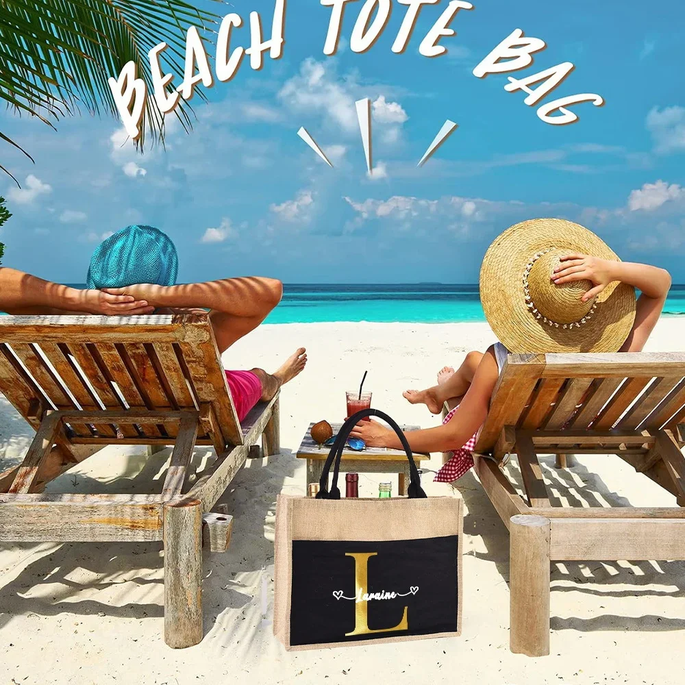 Customizable Name Women's Shopping Bag Reusable Linen Handbag Grocery Shopping Bag Gold Letter Pattern Series