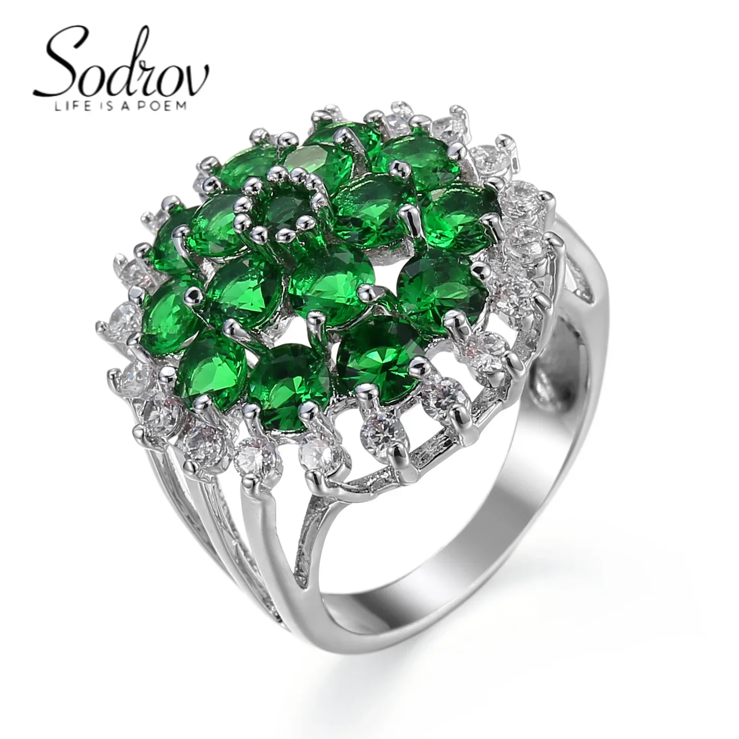 SODROV Big Luxury Green Zircon Flower Shape Rings for Women Wedding Festival Jewlry Gift