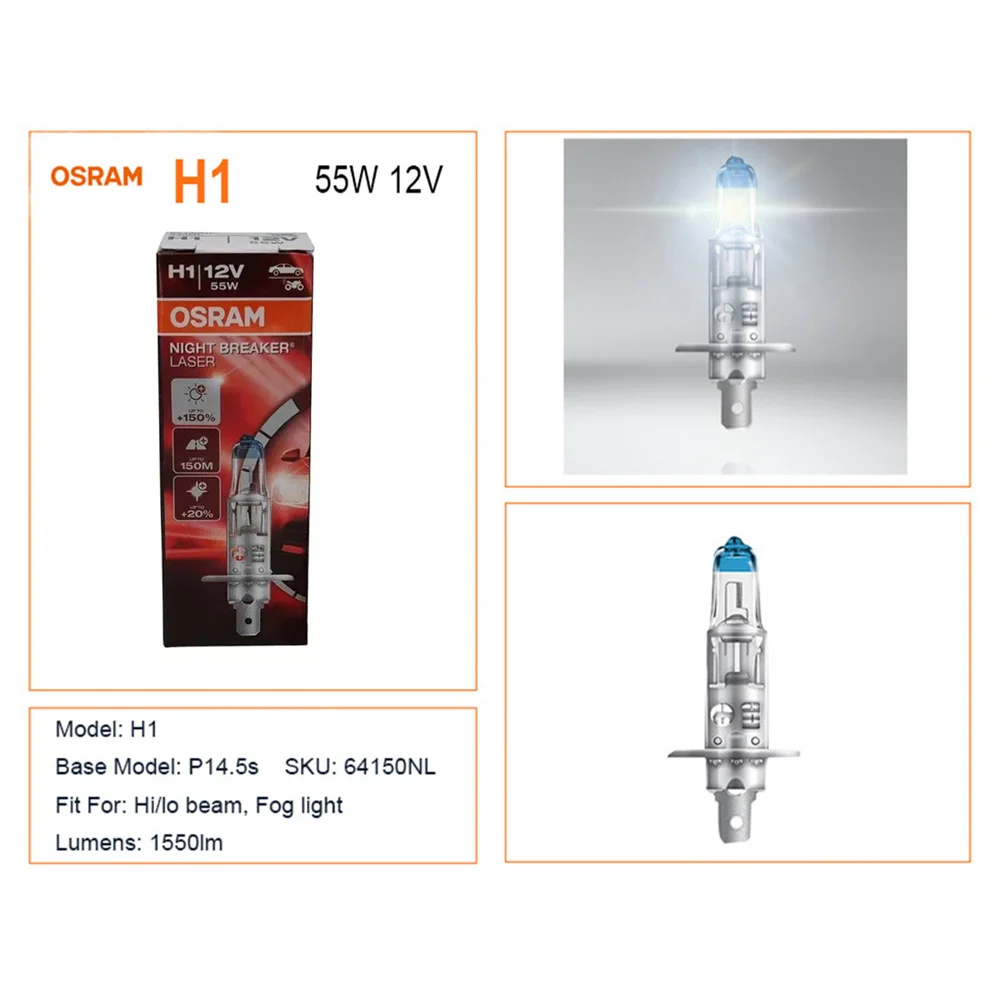 OSRAM Night Breaker Laser H1 H3 64150NL 64151NL Headlight 12V 55W 3700K Powerful Fog Light +150% Bright Auto Halogen Bulb (Pair)