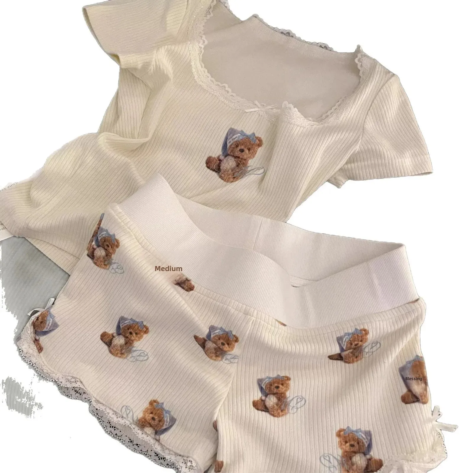 لطيف الكرتون الدانتيل فراشة عقدة ملابس خاصة المرأة رقيقة الصيف المنزل السراويل يمكن ارتداؤها خارج السراويل القصيرة