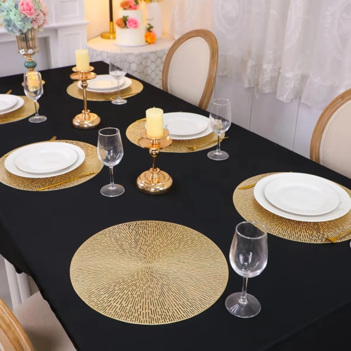 Gold 15 Inch Placemats 6 Piece Set Non-Slip Heat Resistant PVC Table Mats for Home Restaurant Wedding Decoration
