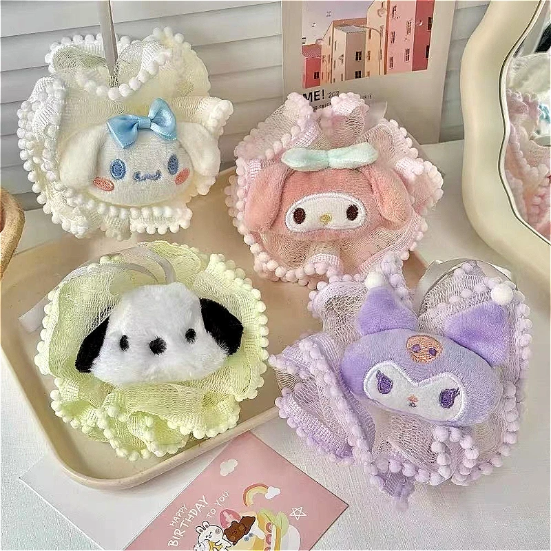 Губка для ванны с персонажем Sanrio Cinnamoroll Kuromi, плюшевый пуф для душа Kawaii, подвесная ванна, люфа, мягкий скребок для тела для ванной комнаты
