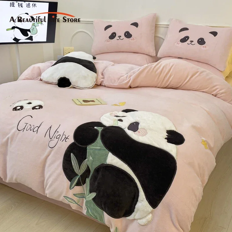 

Pink Cute Panda Applique Embroidery Bedding Set Warm Winter Velvet Single Full Double Queen Duvet Cover Bed Sheet Pillowcases