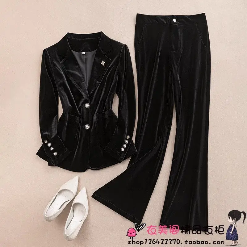 High End OL Long Sleeved Golden Velvet Suit Women Set Slim Fitting Fashion Blazer Jacket + Wide Leg Pants For Office Lady Z2363