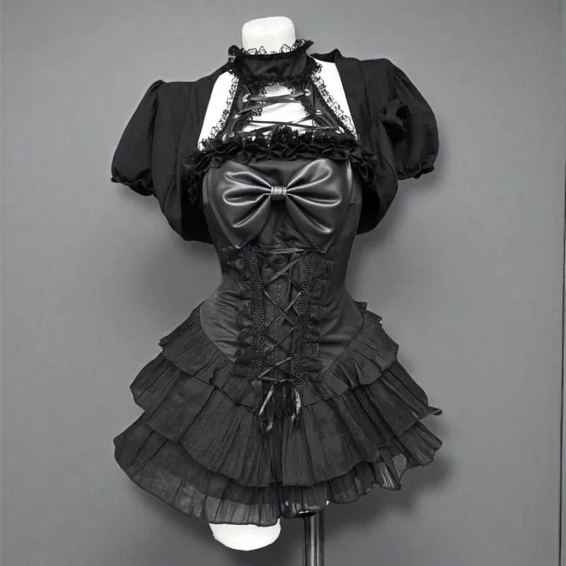 Japan Gothic Style Lolita Skirt Set Women Punk Black Short Cardigan Bow Lace Slash Darkly Dress Suit Female Y2k Slim 2 Piece Set