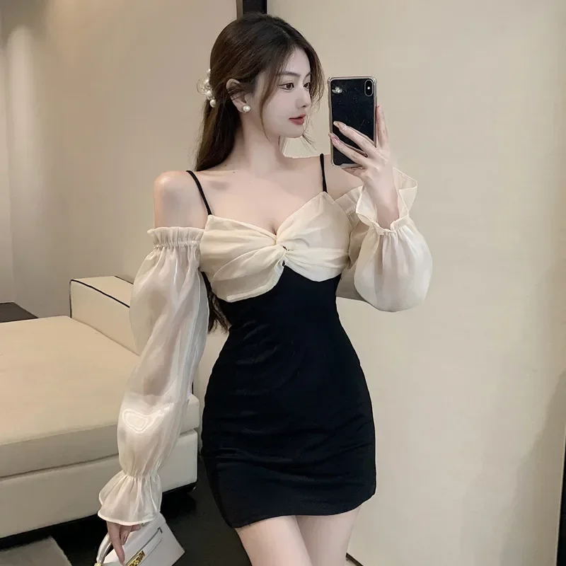 New Fashion Cross Patchwork Pencil Dress Women Bow V Neck Cold Shoulder Bodycon Mini Dress Flare Sleeve Elegant Slim Party Dress
