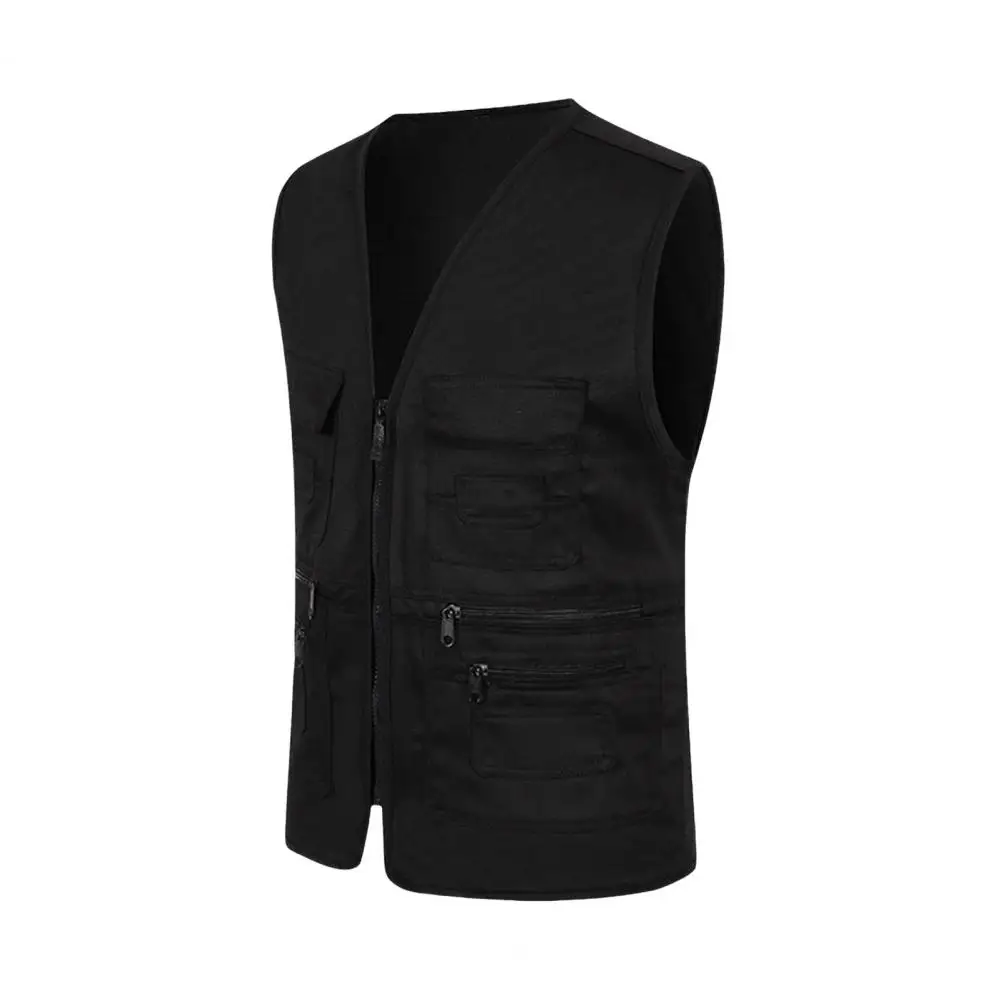 

Multi Pockets Sports Vest Men's Summer Cargo Waistcoat with Multi Pockets V-neck Sleeveless Sports Vest Solid Color Zipper