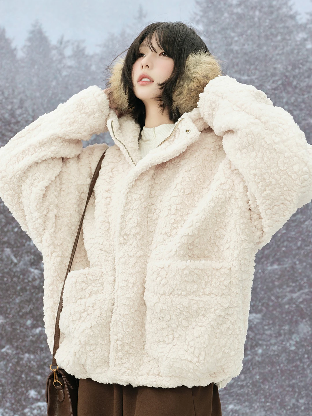 

Winter New Loose Lamb Fur Hooded Cotton Jaet Women's Pure Color Cotton Clothes Coat Simple Sle Commute Faion China Made