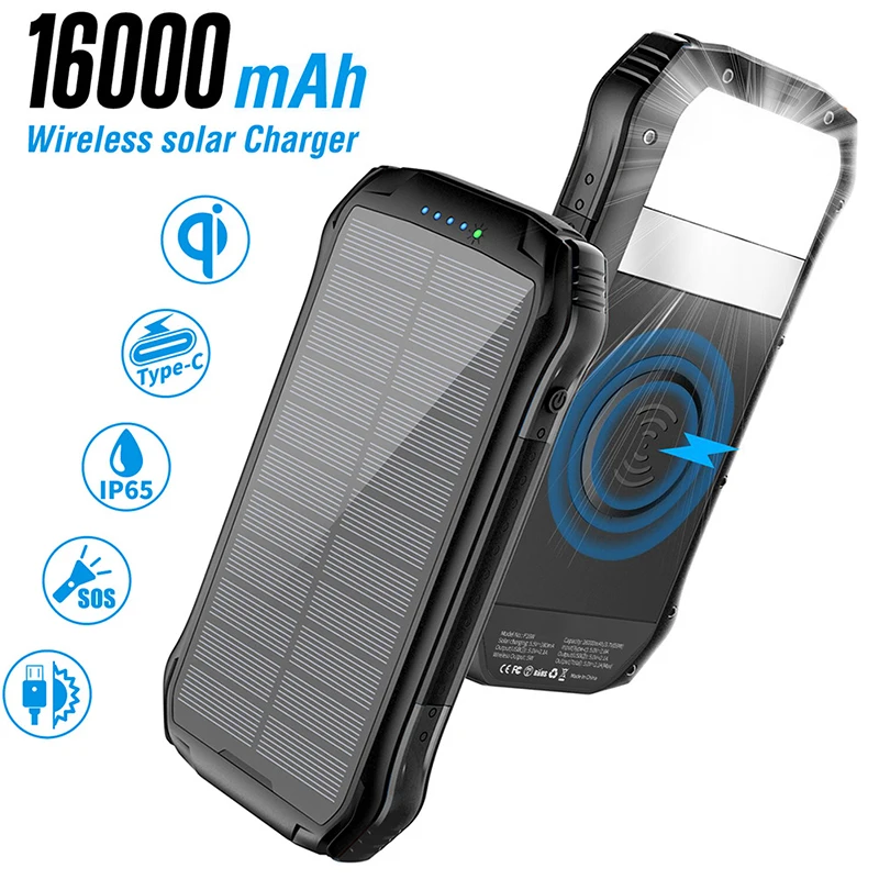 

16000mAh Solar Power Bank Fast Qi Wireless Charger for iPhone 13 Samsung Xiaomi Poverbank Type C PD 18W Fast Charging Powerbank