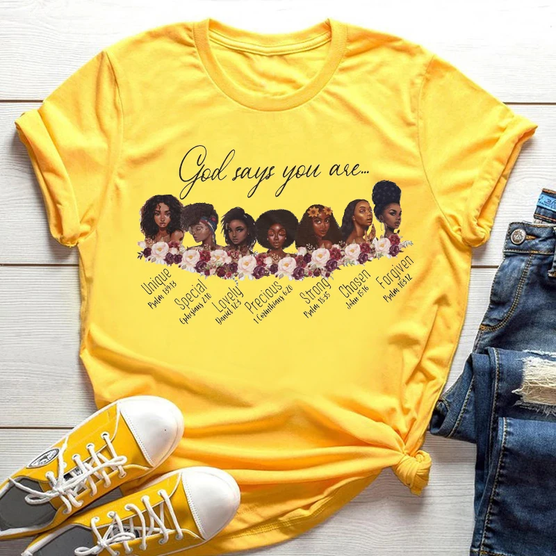 Damskie codzienne koszulki T-shirty letnie nowa moda melanina czarnoowłosie dziewczyny graficzny nadruk żółta koszulka damska z krótkim rękawem z nadrukiem kreskówkowym