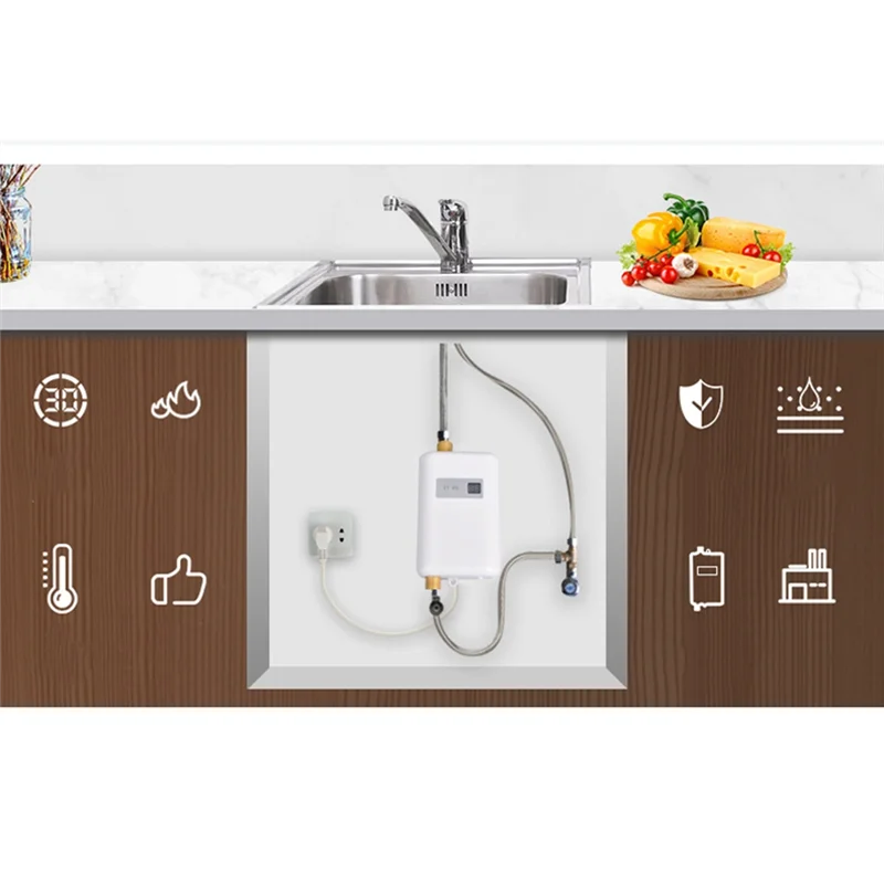 

AT44-Instant Water Heater 3800W Mini Electric Tankles Hot Water Heater Digital Display For Bathroom Kitchen Washing EU Plug