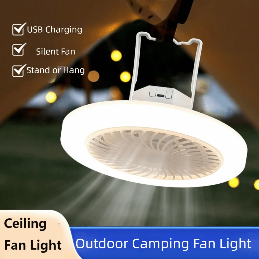 

USB Rechargeable Ceiling Fan Light Energy Saving Super Quiet Camping Fan Light 3 Color Light Modes Hooked & Stand Design