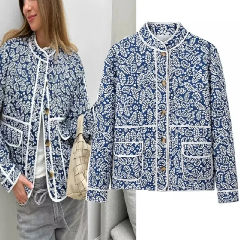 

Pulsefit Vintage Blue Print Parkas Women's Winter Jackets Loose Stand Neck Long Sleeve Single Breasted Pockets New Coats 196202