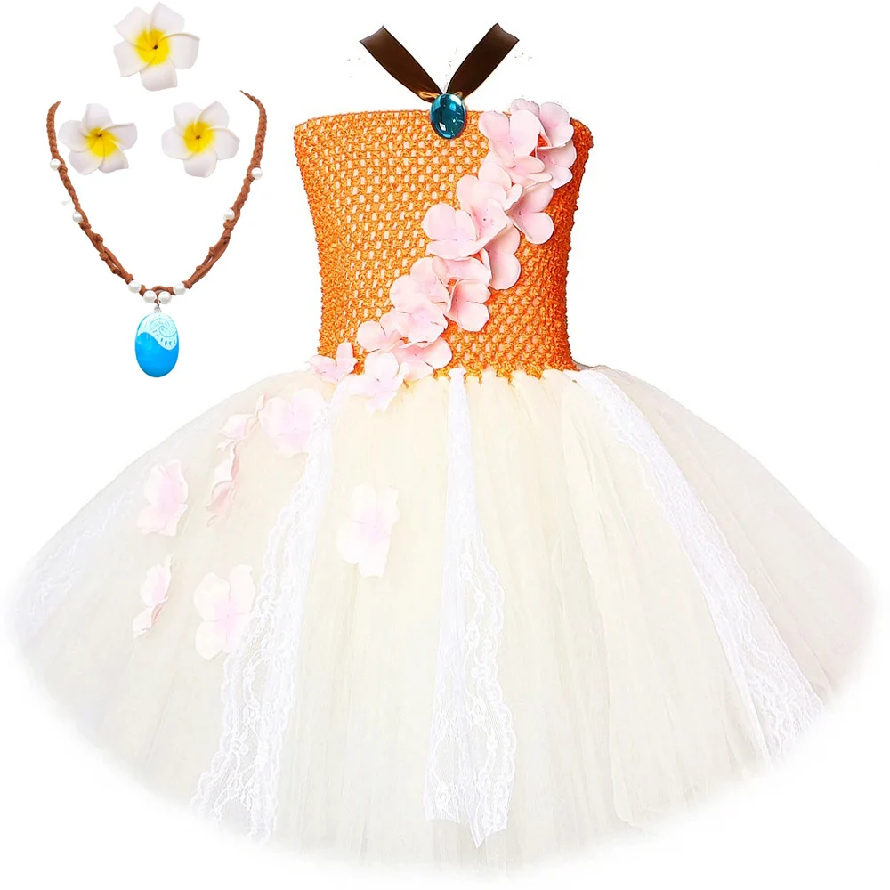 Beige Orange Moanna Princess Dresses for Kids Christmas Halloween Costumes for Girls Ballet Tutus with Necklace Flowers Hairclip