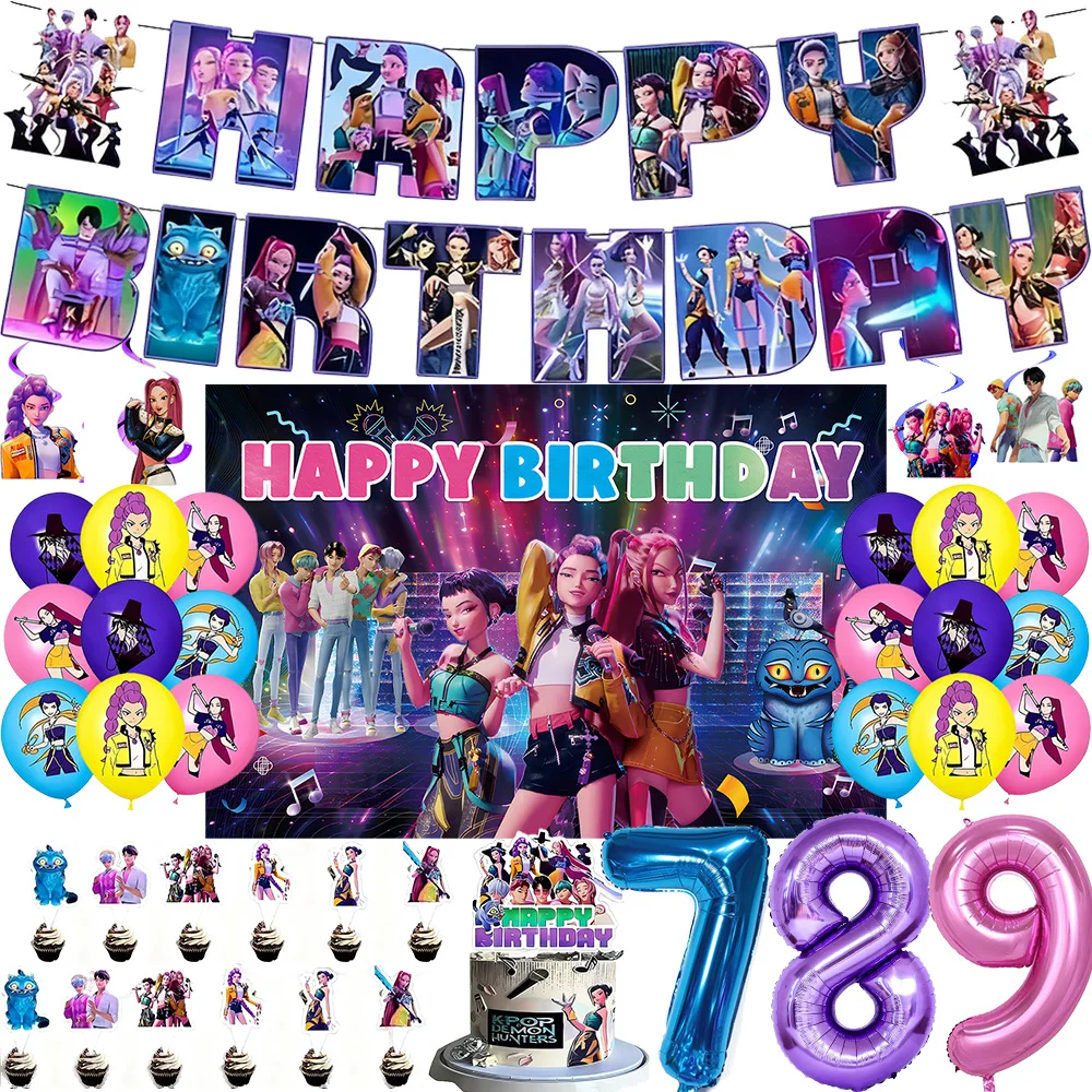 

Kpop Demon Hunters Birthday Decor Set Purple Blue Pink Numbers Pull Flag Spiral Background Cake Insert Baby Shower Party Supplie