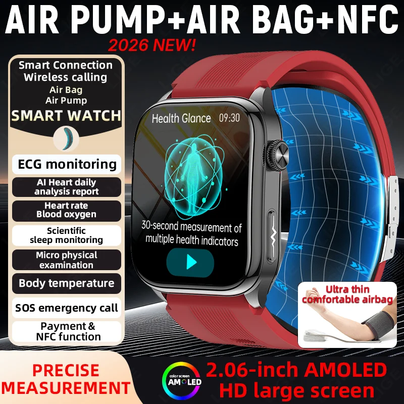 LIGE 2026 Nursing Grade Airbag Air Pump Blood Pressure Monitor Smartwatch Men Blood Fat ECG+PPG NFC BT Call Health Watches Woman