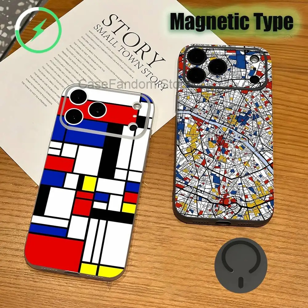 

Broken Mondrain For iPhone 17,16,15,14,13,12,11,Pro,Max,Plus Magnetic Wireless Charging Transparent gray Phone Case