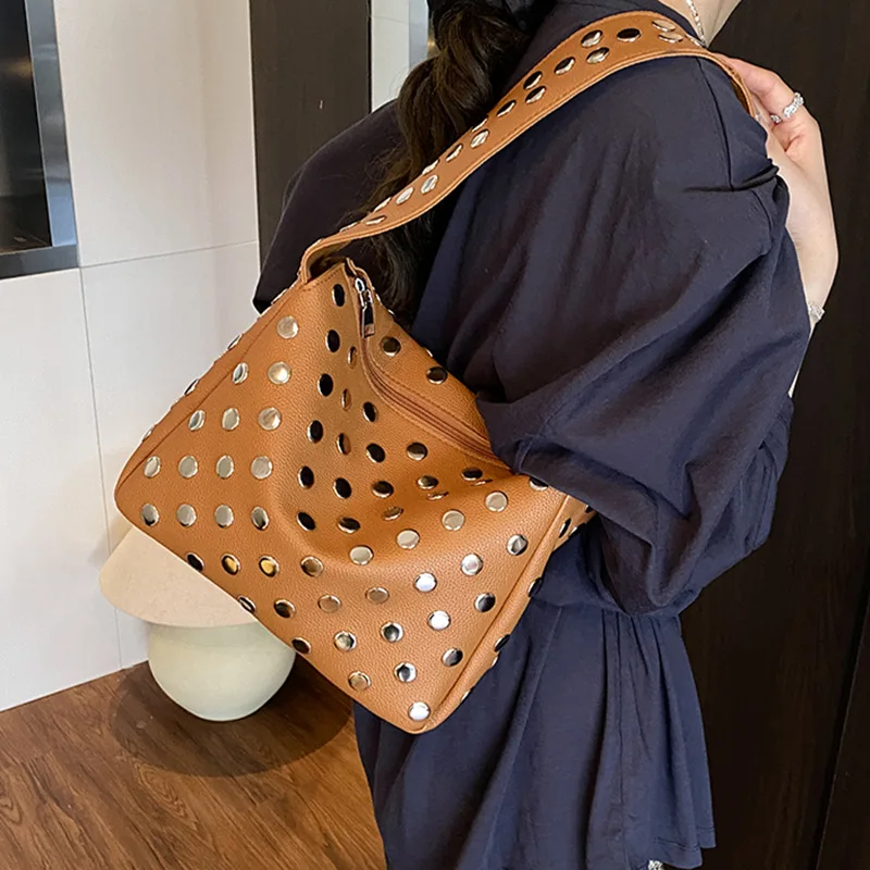 

‌Punk Studded Shoulder Bag 2025 New Arrival, Edgy Motorcycle Style Underarm Pillow Bag for Women,Crossbody Purse