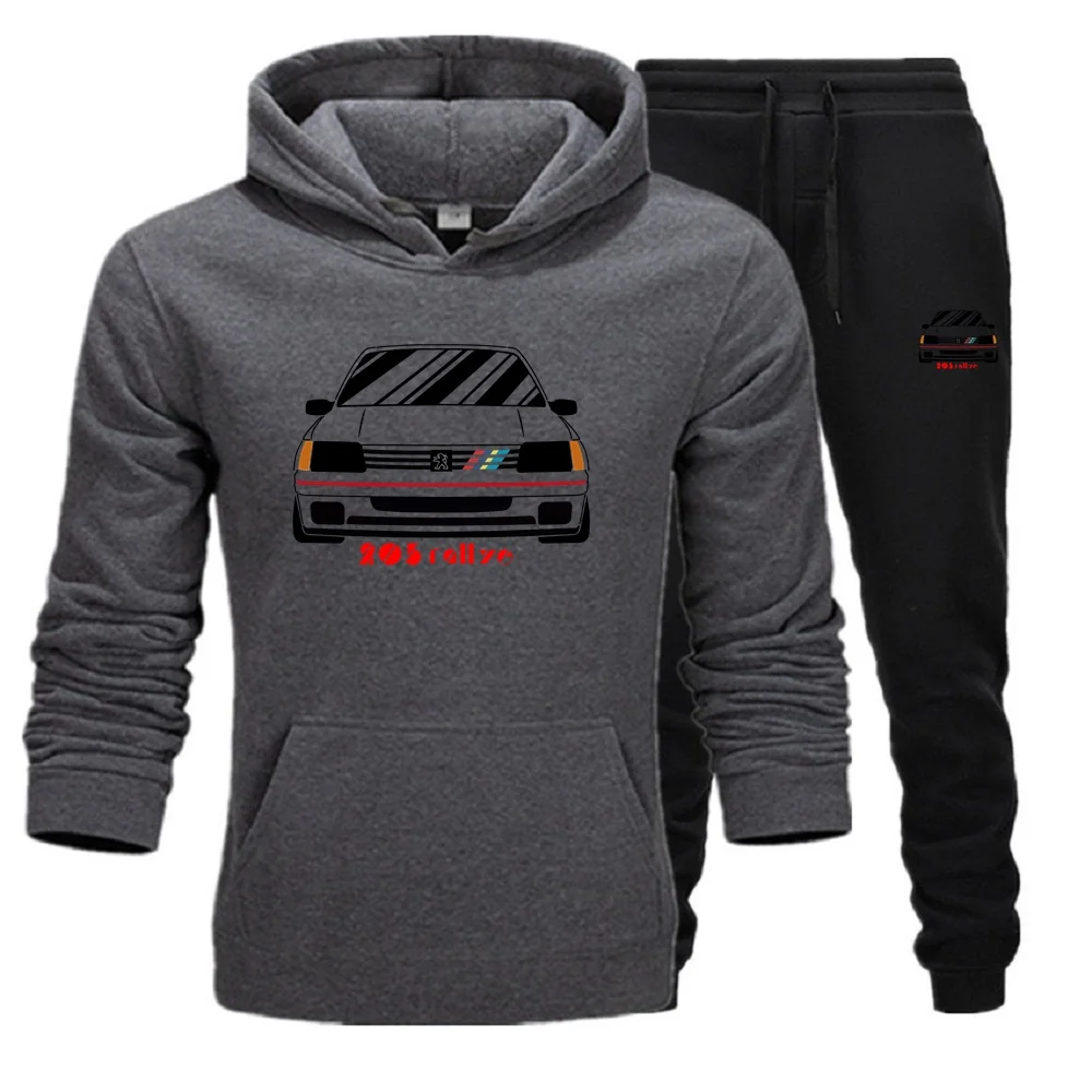 Men 2Pcs Sets Fleece Hoodies And Sweat Pants Set Men\'s Retro Wrc 205 Gti CAR Rallye Racing Jersey Suit Sportswear Ensemble
