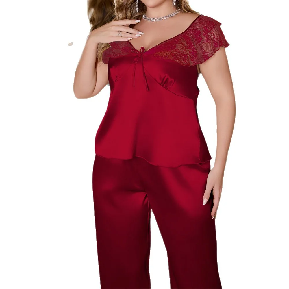 طقم بيجامة حريري من الحرير الجليدي مقاس كبير للنساء، سراويل طويلة مثيرة من الدانتيل بأكمام قصيرة، خيارات متعددة الألوان | هدية عيد الميلاد #5