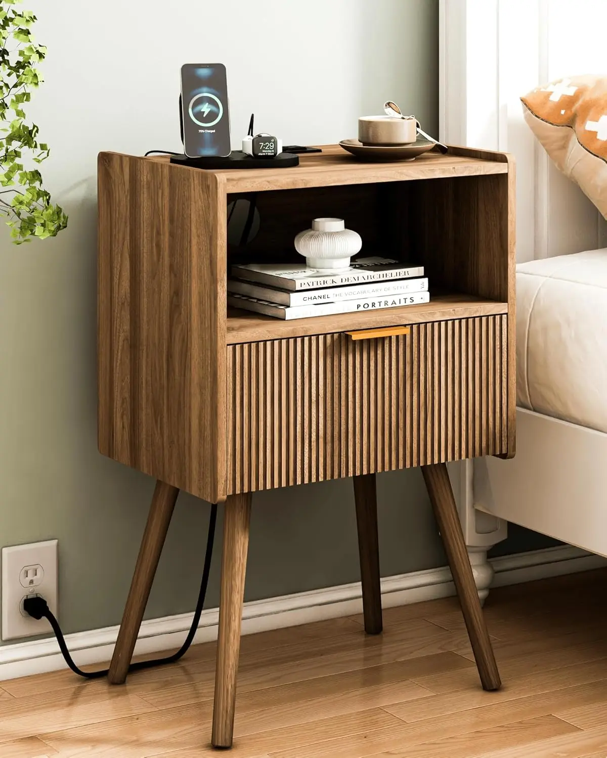 

Nightstand with Outlet, Modern Bedside Table with Storage Drawer and Open Shelf for Living Room, Bedroom, Small Spaces, Easy