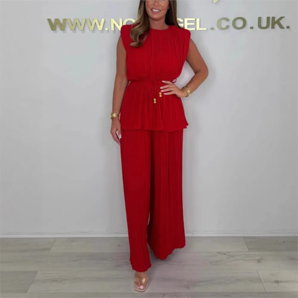 Pantaloni a gamba larga senza maniche pieghettati alla moda elegante Set da 2 pezzi da donna Nuovi pantaloni casual larghi con lacci Abito da ufficio femminile