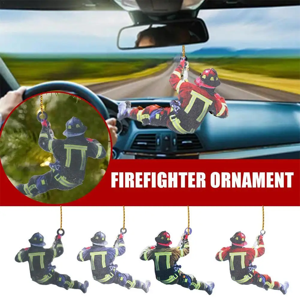 Firefighter Fireman Car Decoration Pendant Flat Wooden Keychain Acrylic Ornament for Christmas Tree Rearview Mirror Hanging