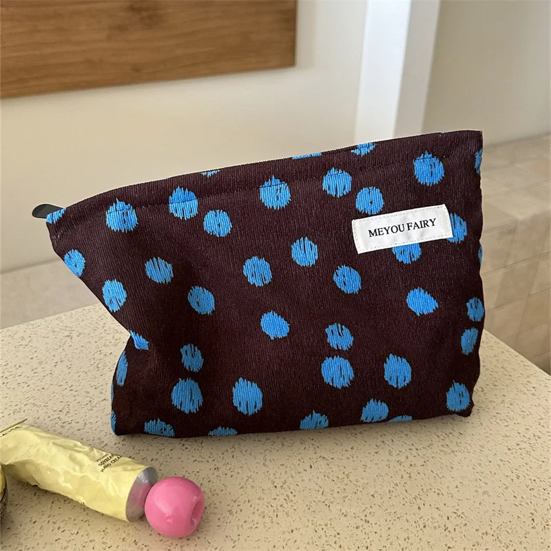 Fashion Abstract Dot Pattern Corduroy Make Up Bag Soft Fabric Storage Pouch Women Lipstick Earphone Daily Handheld Purse