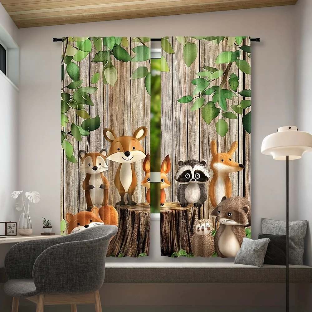 Woodland Animal Curtain Set Fox Squirrel Forest Theme Nursery Window Drapes Kids Bedroom Decor Nature Wildlife Whimsical