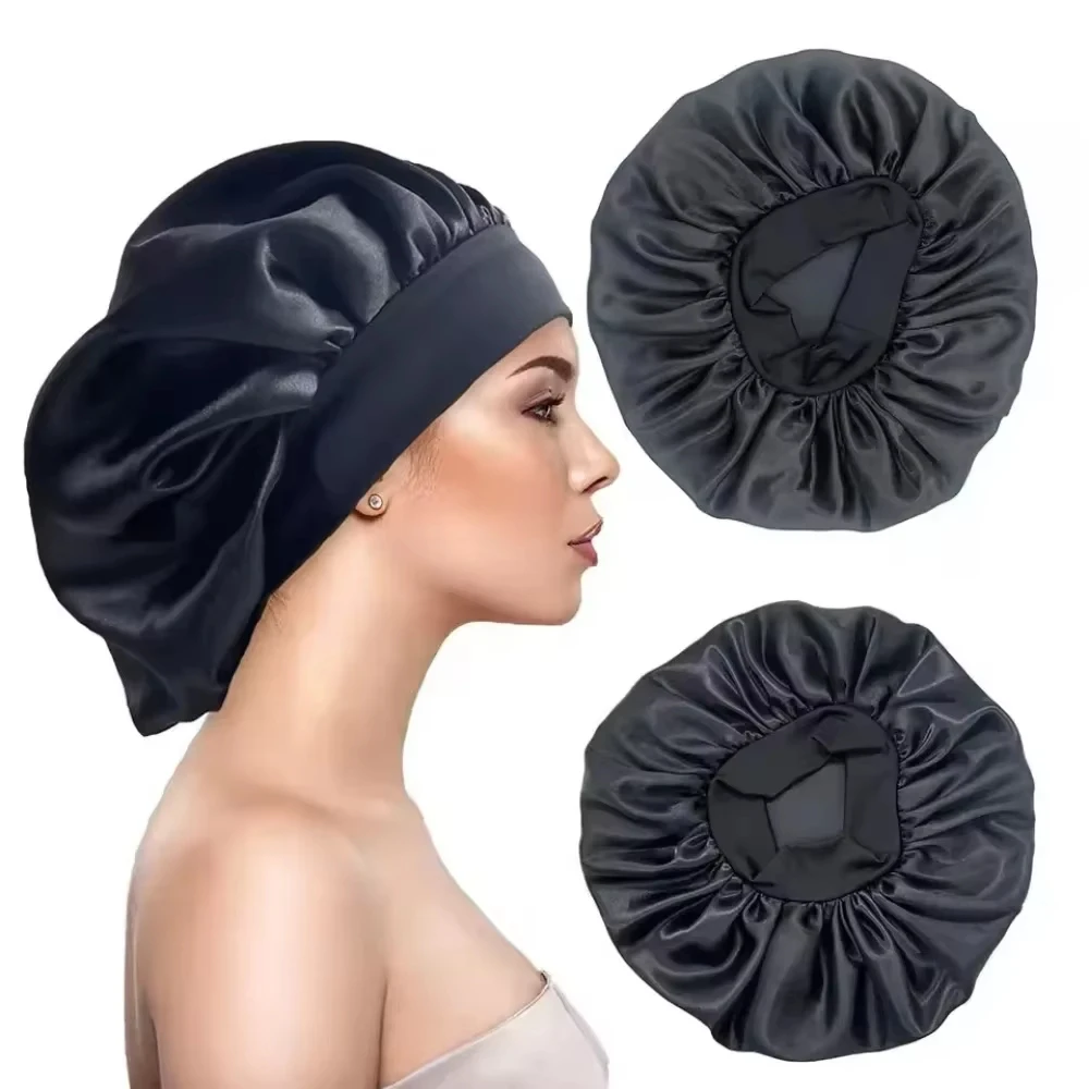 Women's Satin Solid Bonnets Wide-brimmed Night Sleeping Bathing Hat Unisex Head Wrap Elastic Band Cap Hair Care Bonnet