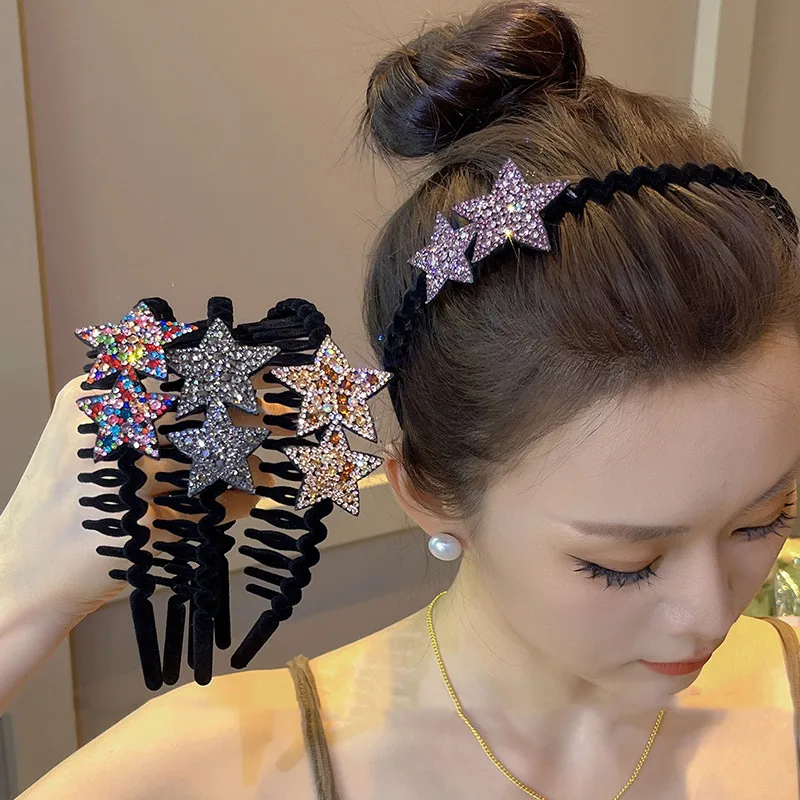 Bandeau flocage en dents de scie, tempérament élégant, strass, étoile à cinq branches, bandeau de lavage du visage pour fille