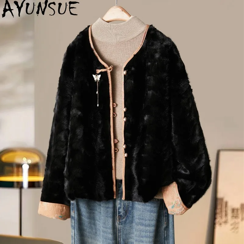 AYUNSUE Natural Mink Fur Coat Woman Double-sided Fur Jacket Short Outerwears Chinese Style Tops for Woman Clothes Vestes Femmes