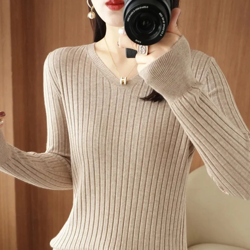 2024 New Women Sweater Spring Autumn Knitted Pullovers V-neck Slim Fit Bottoming Shirts Solid Soft Knitwear Jumpers Basic Sweate