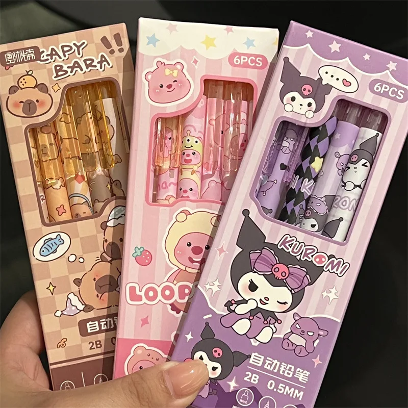 6Pcs Kawaii Sanrio Kuromi My Melody Loopy Kapibara Mechanical Pencil 0.5Mm Quick Drying Smooth Writing Stationery Gift for Girls