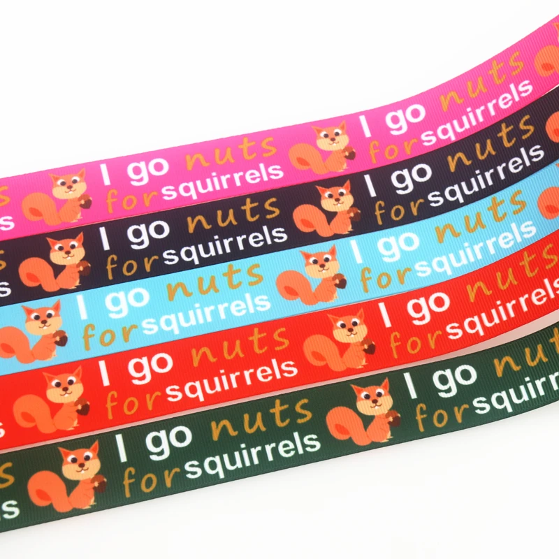 DUWES 50yards I go nuts for squirrels Printed Grosgrain Ribbon Accessory Hairbow Headwear Decoration DIY Wholesale OEM D1669