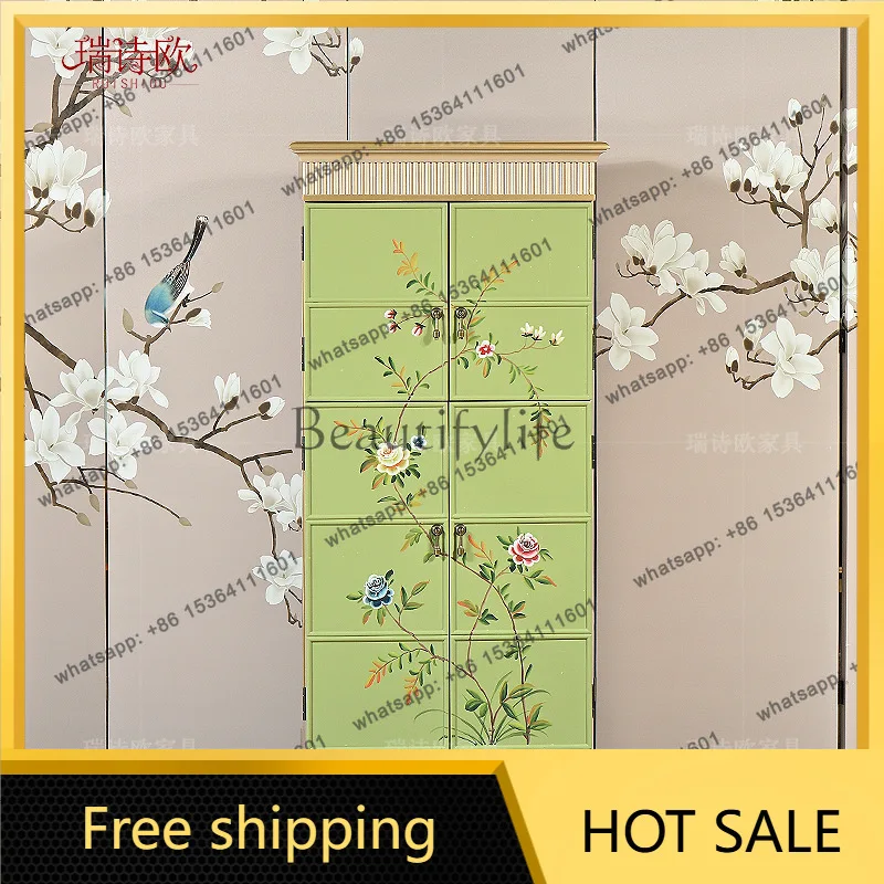 Zj. French pastoral painted flower and bird bucket cabinet hand-painted high-value storage cabinet