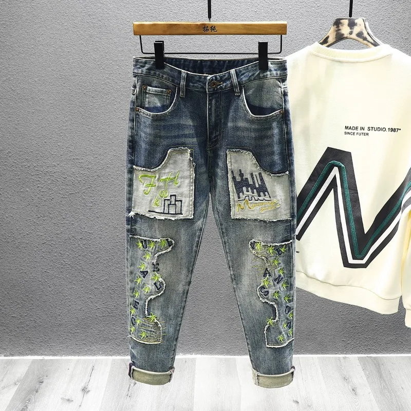 Heren Borduurwerk Splicing Retro Jeans Distressed Mode Hip-Hop Stretch Broek Slanke High Street Locomotief Mannen Denim Broek