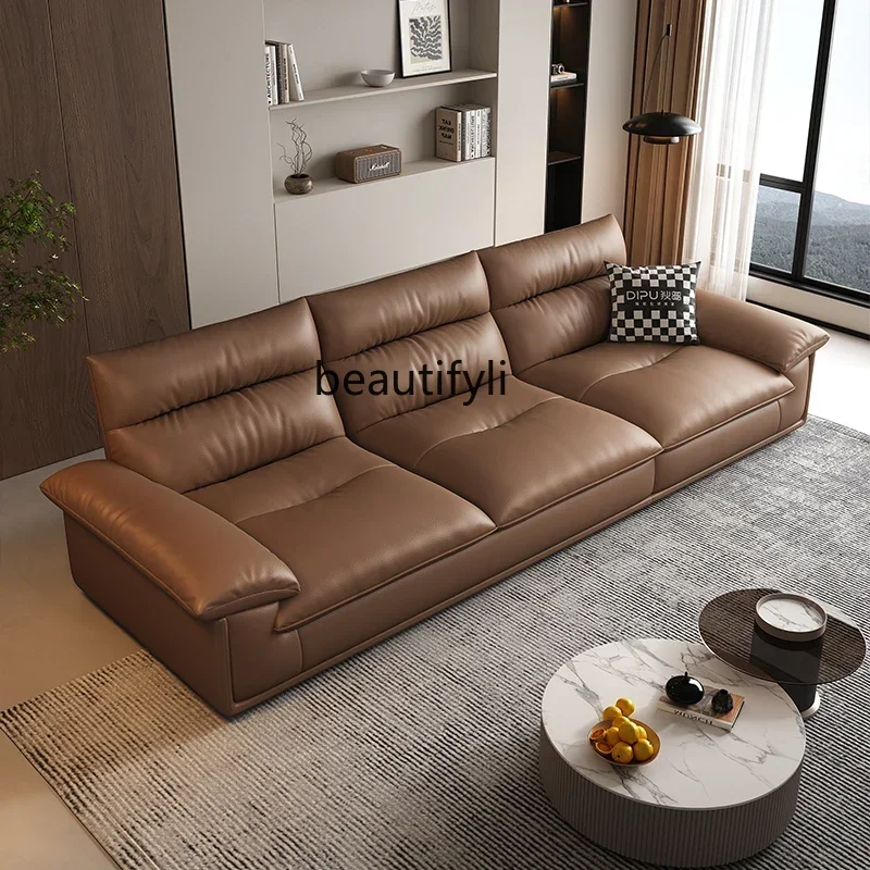 Italian simple leather sofa living room first layer cowhide small apartment light luxury straight row leather sofa