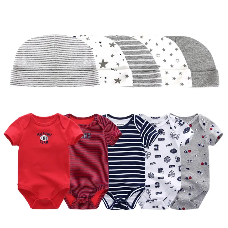 10Pcs Unisex Newborn Cotton Matching Set Short Sleeve Bodysuit Printed Knit Beanie Soft Daily Outfit For Boys Girls