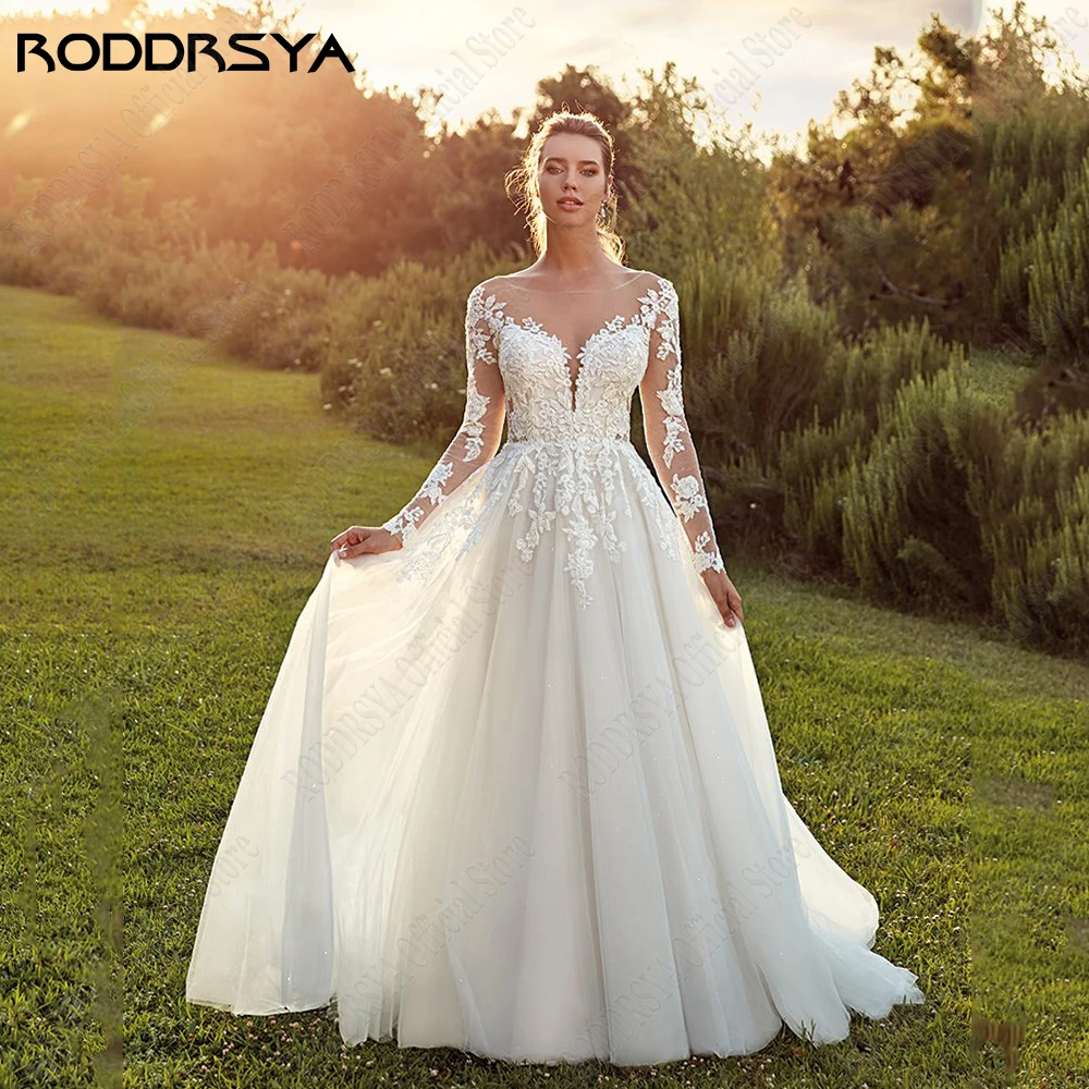 RODDRSYA Customized Wedding Dress Women Long Sleeves Illusion Back Scoop Bride Gown Applique A-Line Tulle Boho vestidos de novia