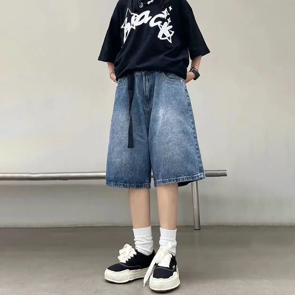 Y2k Streetwear Sports Casual Jeans with Belt for Men 2024 Spring Summer New Genderless Fashion Loose Denim 5-point Pants Unisex