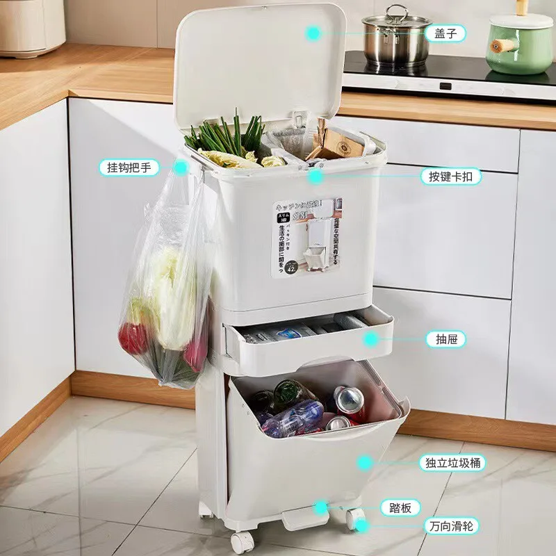 

household kitchen creative wet and dry layered trash can pedal multi-layer plastic large clamshell with wheels trash can