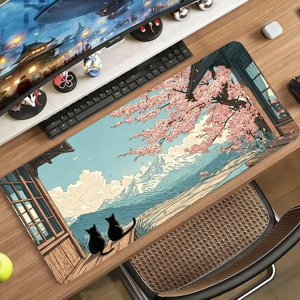 Sakura Window Black Cat Mouse Pad Non Slip Rubber Base Stitched Edges Desk Mat For Home Desk Decor