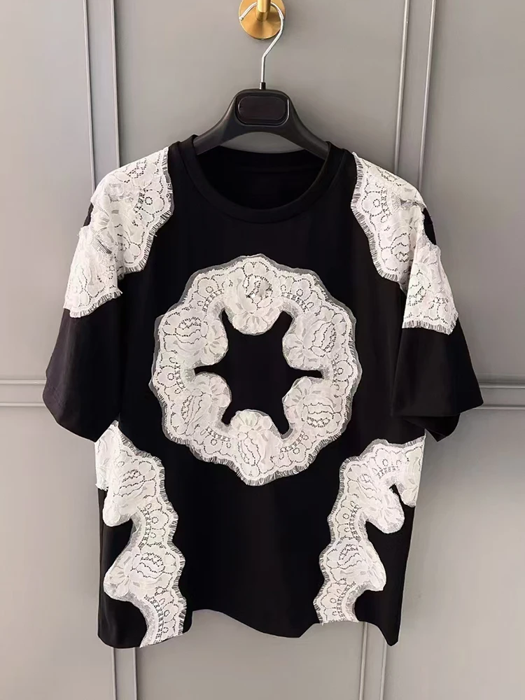 Designer retro matching color lace half-sleeve T new fashion loose knit pullover for women in the eastern part of Autumn 2024