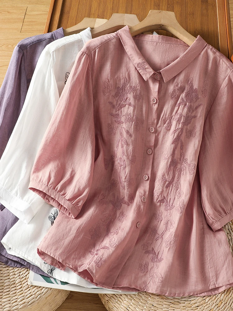 

Retro Cotton Linen Embroidered Shirt Women's Summer New Style Elegant Versatile Turn-down Collar Five Sleeve Single Button Top