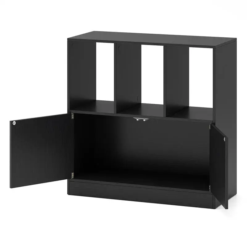 

3-Cube Bookcase with Doors 3-Tier Cubic Bookshelf with Open Compartments and Cabinet-Black