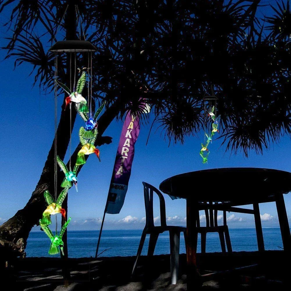 Carillón de viento de cristal para exteriores, luz LED colorida, colibrí, mariposa, resistente al agua, para jardín